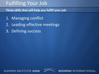 Fulfilling Your Job Managing conflict Leading effective meetings Defining success Three skills that will help you fulfill your job: 