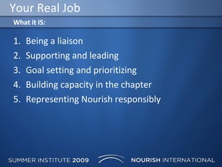 Being a liaison Supporting and leading Goal setting and prioritizing Building capacity in the chapter Representing Nourish responsibly Your Real Job What it IS: 