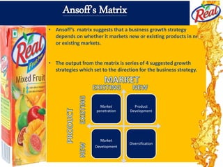 • Ansoff’s matrix suggests that a business growth strategy
depends on whether it markets new or existing products in new
or existing markets.
• The output from the matrix is series of 4 suggested growth
strategies which set to the direction for the business strategy.
Ansoff’s Matrix
Market
penetration
Product
Development
Market
Development
Diversification
 