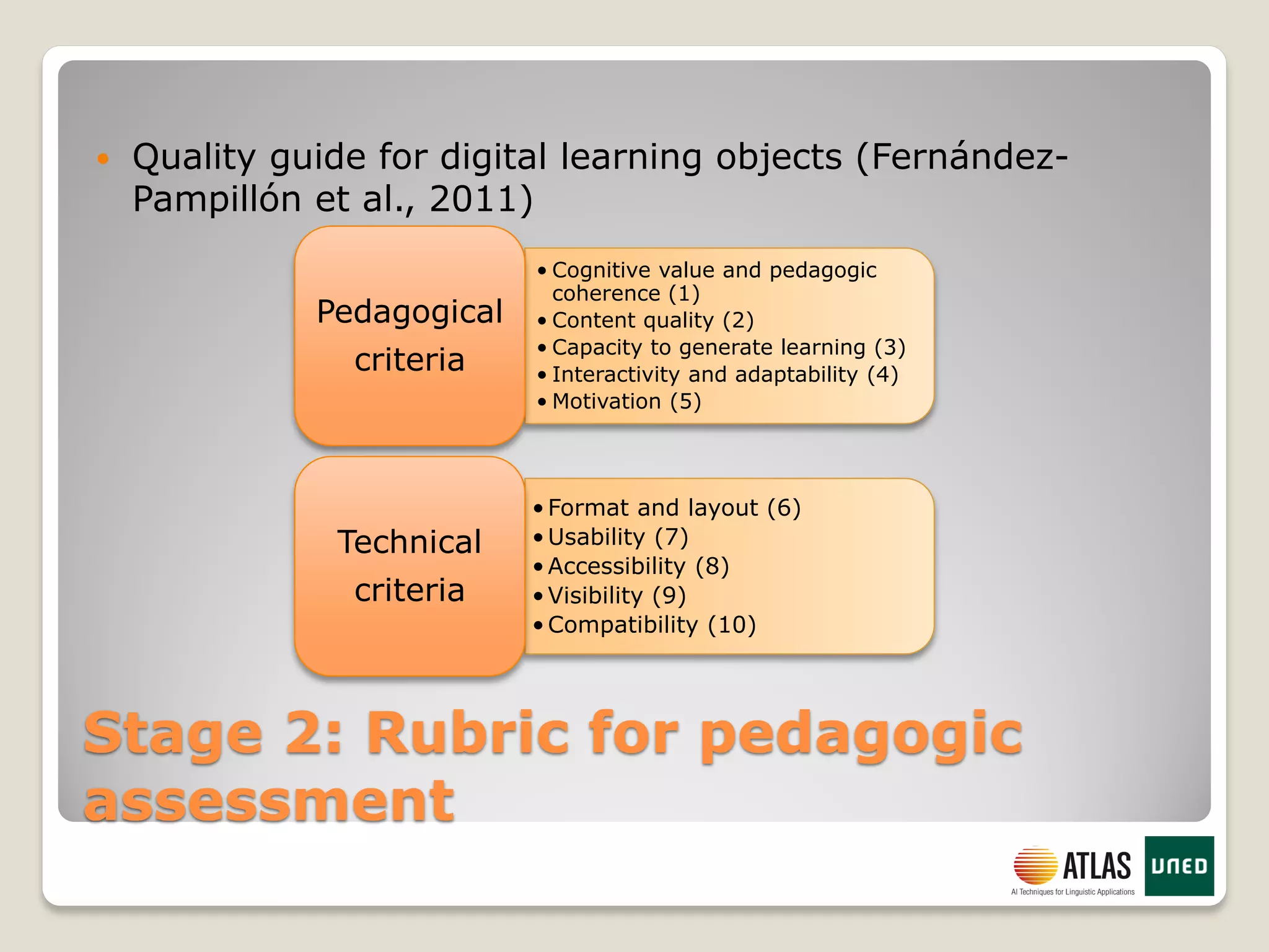 Stage 2: Rubric for pedagogic
assessment
 Quality guide for digital learning objects (Fernández-
Pampillón et al., 2011)
• Cognitive value and pedagogic
coherence (1)
• Content quality (2)
• Capacity to generate learning (3)
• Interactivity and adaptability (4)
• Motivation (5)
Pedagogical
criteria
• Format and layout (6)
• Usability (7)
• Accessibility (8)
• Visibility (9)
• Compatibility (10)
Technical
criteria
 