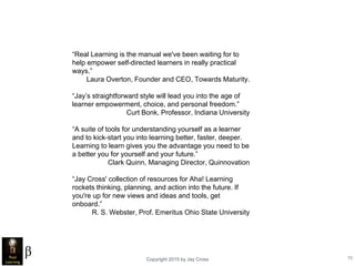 Copyright 2015 by Jay Cross 73
“Real Learning is the manual we've been waiting for to
help empower self-directed learners in really practical
ways.”
Laura Overton, Founder and CEO, Towards Maturity.
“Jay’s straightforward style will lead you into the age of
learner empowerment, choice, and personal freedom.”
Curt Bonk, Professor, Indiana University
“A suite of tools for understanding yourself as a learner
and to kick-start you into learning better, faster, deeper.
Learning to learn gives you the advantage you need to be
a better you for yourself and your future.”
Clark Quinn, Managing Director, Quinnovation
“Jay Cross' collection of resources for Aha! Learning
rockets thinking, planning, and action into the future. If
you're up for new views and ideas and tools, get
onboard.”
R. S. Webster, Prof. Emeritus Ohio State University
 