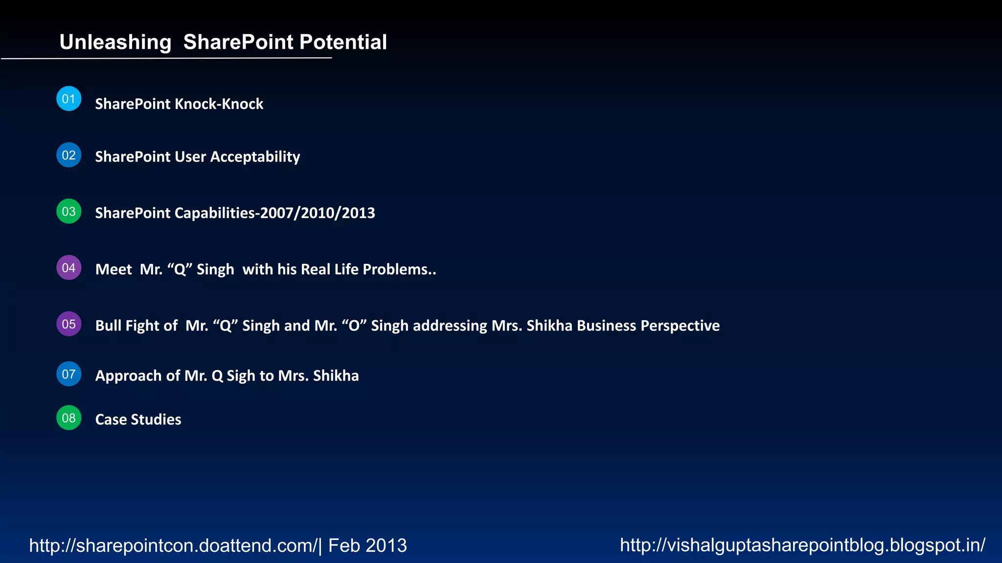 Unleashing SharePoint Potential

   01   SharePoint Knock-Knock


   02   SharePoint User Acceptability


   03   SharePoint Capabilities-2007/2010/2013


   04   Meet Mr. “Q” Singh with his Real Life Problems..


   05   Bull Fight of Mr. “Q” Singh and Mr. “O” Singh addressing Mrs. Shikha Business Perspective

   07   Approach of Mr. Q Sigh to Mrs. Shikha

   08   Case Studies




http://sharepointcon.doattend.com/| Feb 2013                                      http://vishalguptasharepointblog.blogspot.in/
 