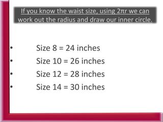 • Size 8 = 24 inches
• Size 10 = 26 inches
• Size 12 = 28 inches
• Size 14 = 30 inches
 