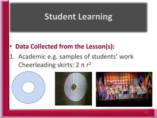 • Data Collected from the Lesson(s):
1. Academic e.g. samples of students’ work
Cheerleading skirts: 2 π r2
67
 