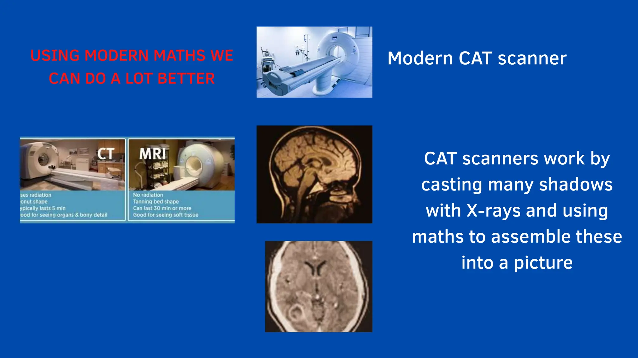 USING MODERN MATHS WE
CAN DO A LOT BETTER
Modern CAT scanner
CAT scanners work by
casting many shadows
with X-rays and using
maths to assemble these
into a picture
 