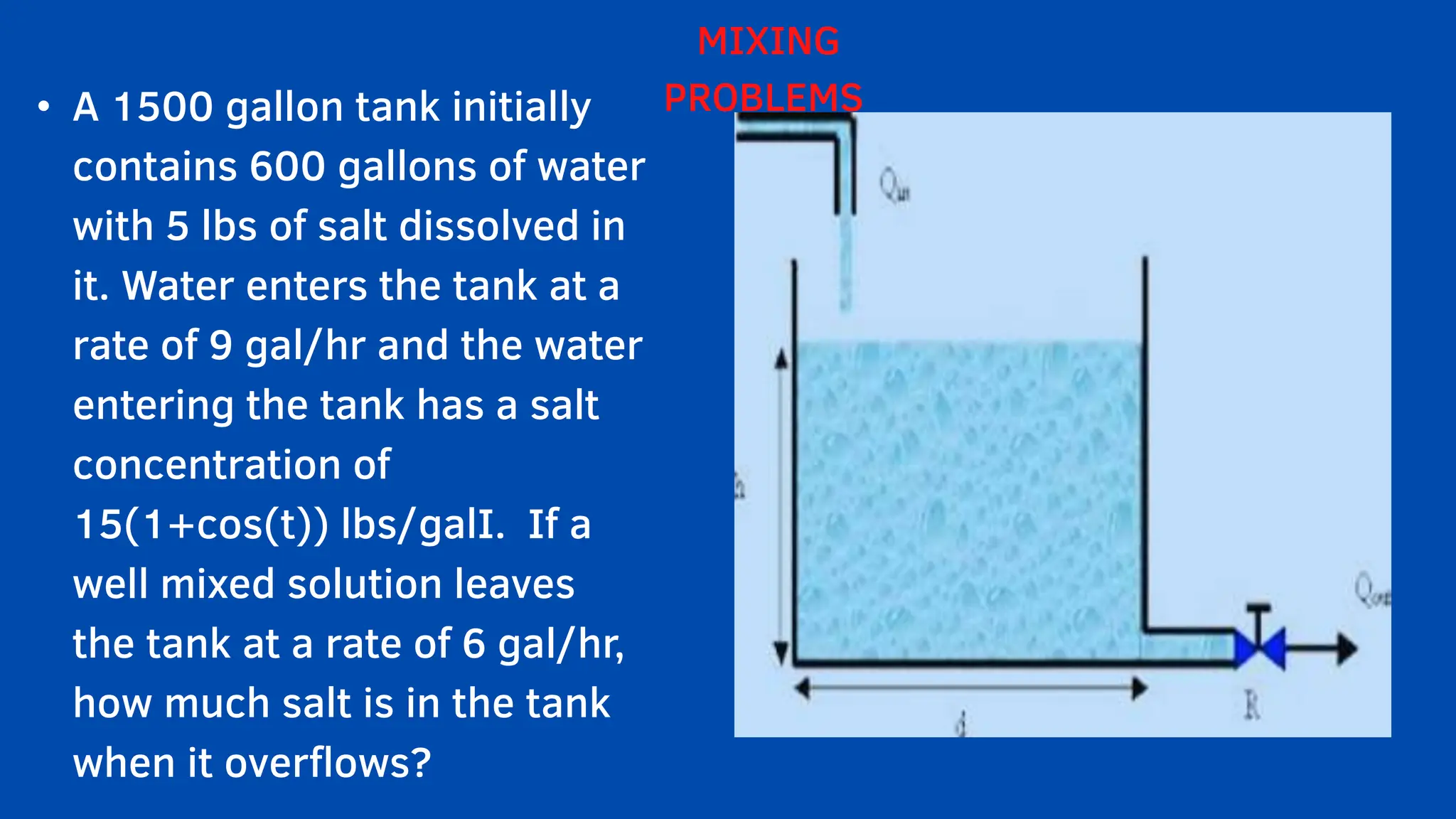 • A 1500 gallon tank initially
contains 600 gallons of water
with 5 lbs of salt dissolved in
it. Water enters the tank at a
rate of 9 gal/hr and the water
entering the tank has a salt
concentration of
15(1+cos(t)) lbs/galI. If a
well mixed solution leaves
the tank at a rate of 6 gal/hr,
how much salt is in the tank
when it overflows?
MIXING
PROBLEMS
 