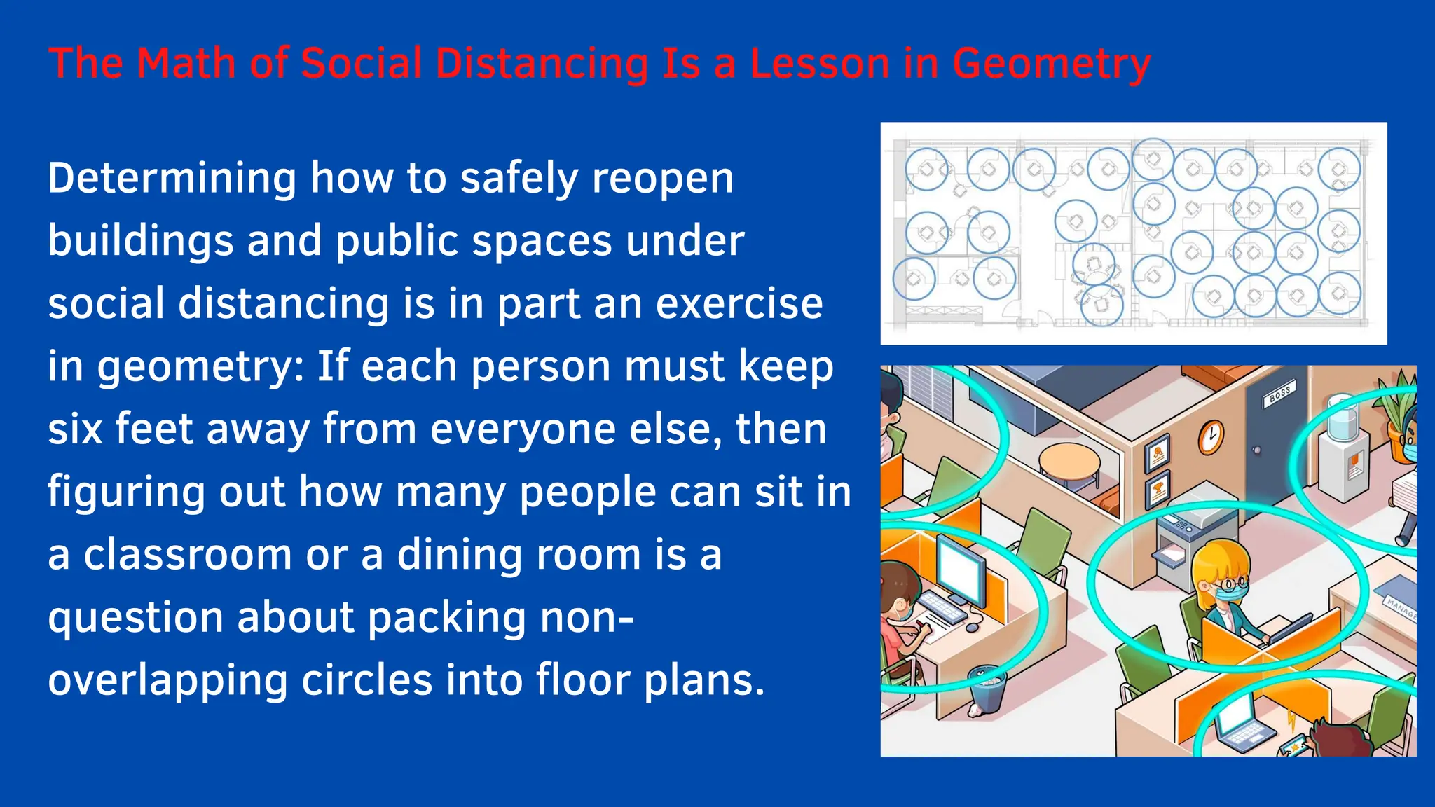 The Math of Social Distancing Is a Lesson in Geometry
Determining how to safely reopen
buildings and public spaces under
social distancing is in part an exercise
in geometry: If each person must keep
six feet away from everyone else, then
figuring out how many people can sit in
a classroom or a dining room is a
question about packing non-
overlapping circles into floor plans.
 