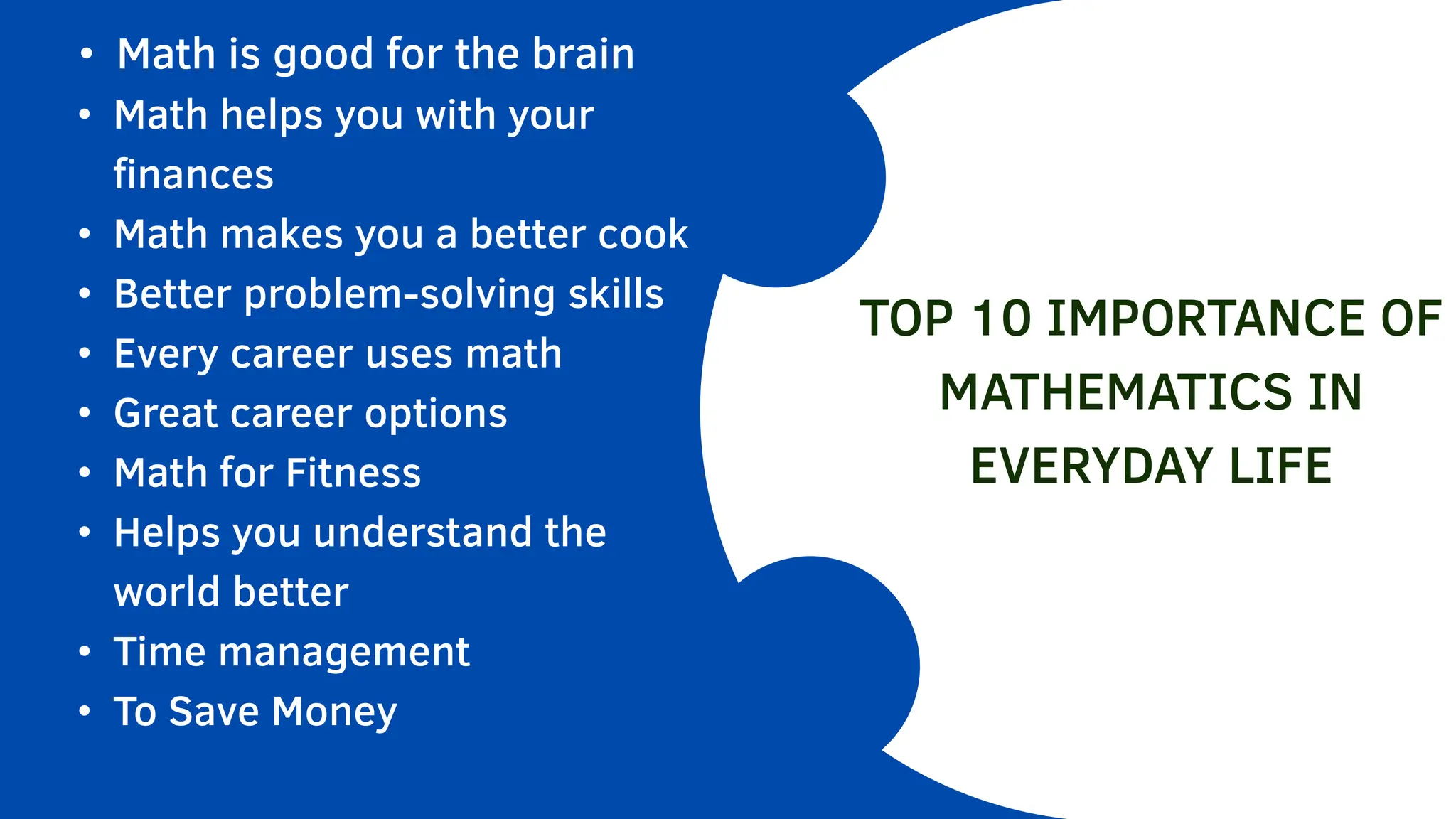 • Math is good for the brain
• Math helps you with your
finances
• Math makes you a better cook
• Better problem-solving skills
• Every career uses math
• Great career options
• Math for Fitness
• Helps you understand the
world better
• Time management
• To Save Money
TOP 10 IMPORTANCE OF
MATHEMATICS IN
EVERYDAY LIFE
 