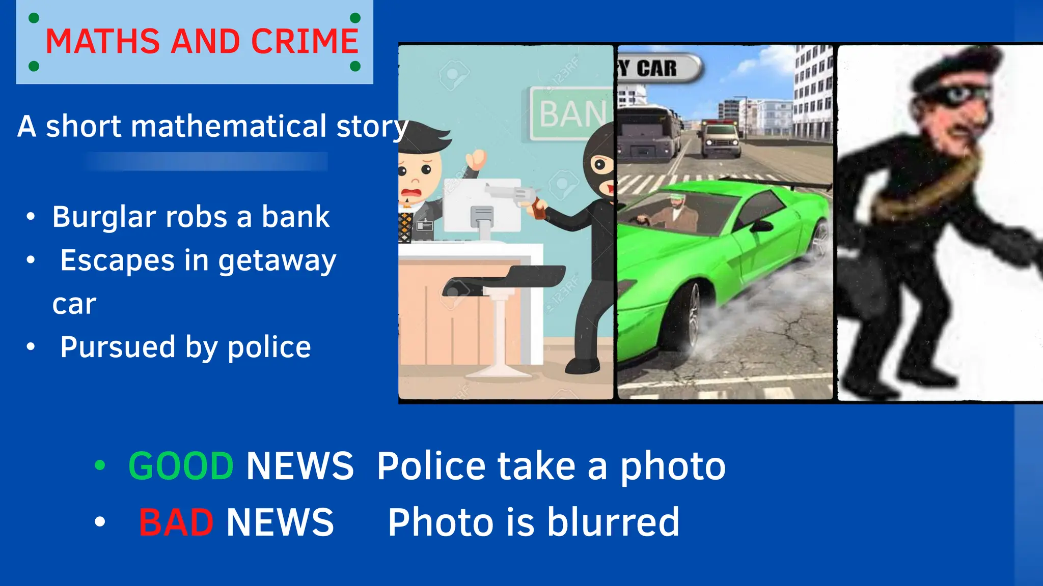 MATHS AND CRIME
A short mathematical story
• Burglar robs a bank
• Escapes in getaway
car
• Pursued by police
• GOOD NEWS Police take a photo
• BAD NEWS Photo is blurred
 