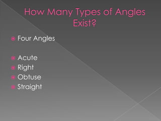   Four Angles

 Acute
 Right
 Obtuse
 Straight
 