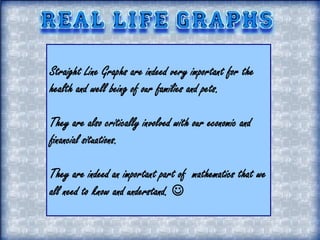 Straight Line Graphs are indeed very important for the
health and well being of our families and pets.

They are also critically involved with our economic and
financial situations.

They are indeed an important part of mathematics that we
all need to know and understand. 
 