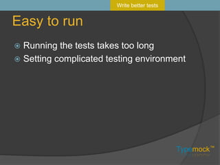 Readability is importantWhy did the test fail?Avoid unnecessary debuggingUnderstand what the test does!Write better tests