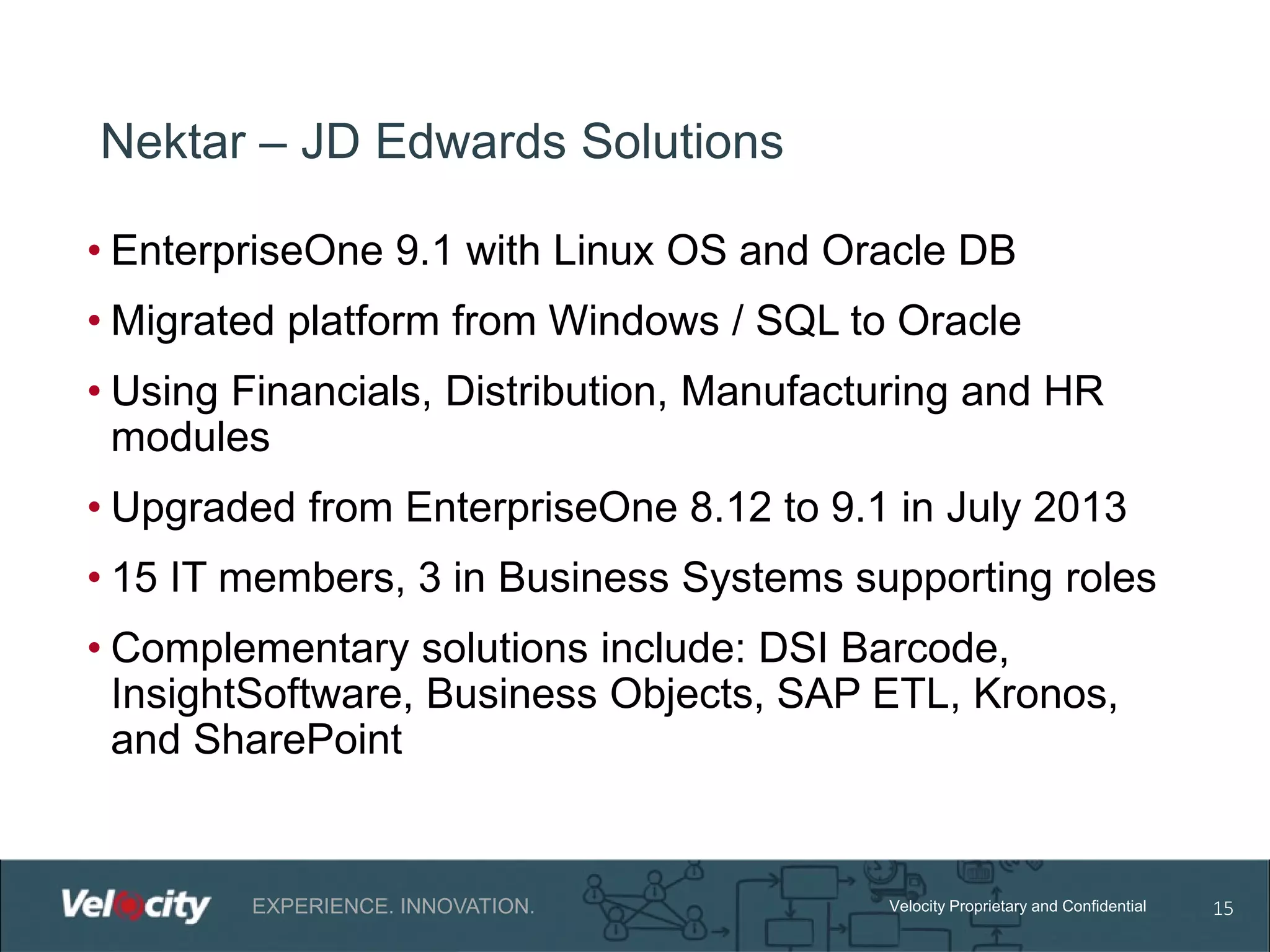 Nektar – JD Edwards Solutions
• EnterpriseOne 9.1 with Linux OS and Oracle DB
• Migrated platform from Windows / SQL to Oracle
• Using Financials, Distribution, Manufacturing and HR
modules
• Upgraded from EnterpriseOne 8.12 to 9.1 in July 2013
• 15 IT members, 3 in Business Systems supporting roles
• Complementary solutions include: DSI Barcode,
InsightSoftware, Business Objects, SAP ETL, Kronos,
and SharePoint

EXPERIENCE. INNOVATION.

Velocity Proprietary and Confidential

15

 