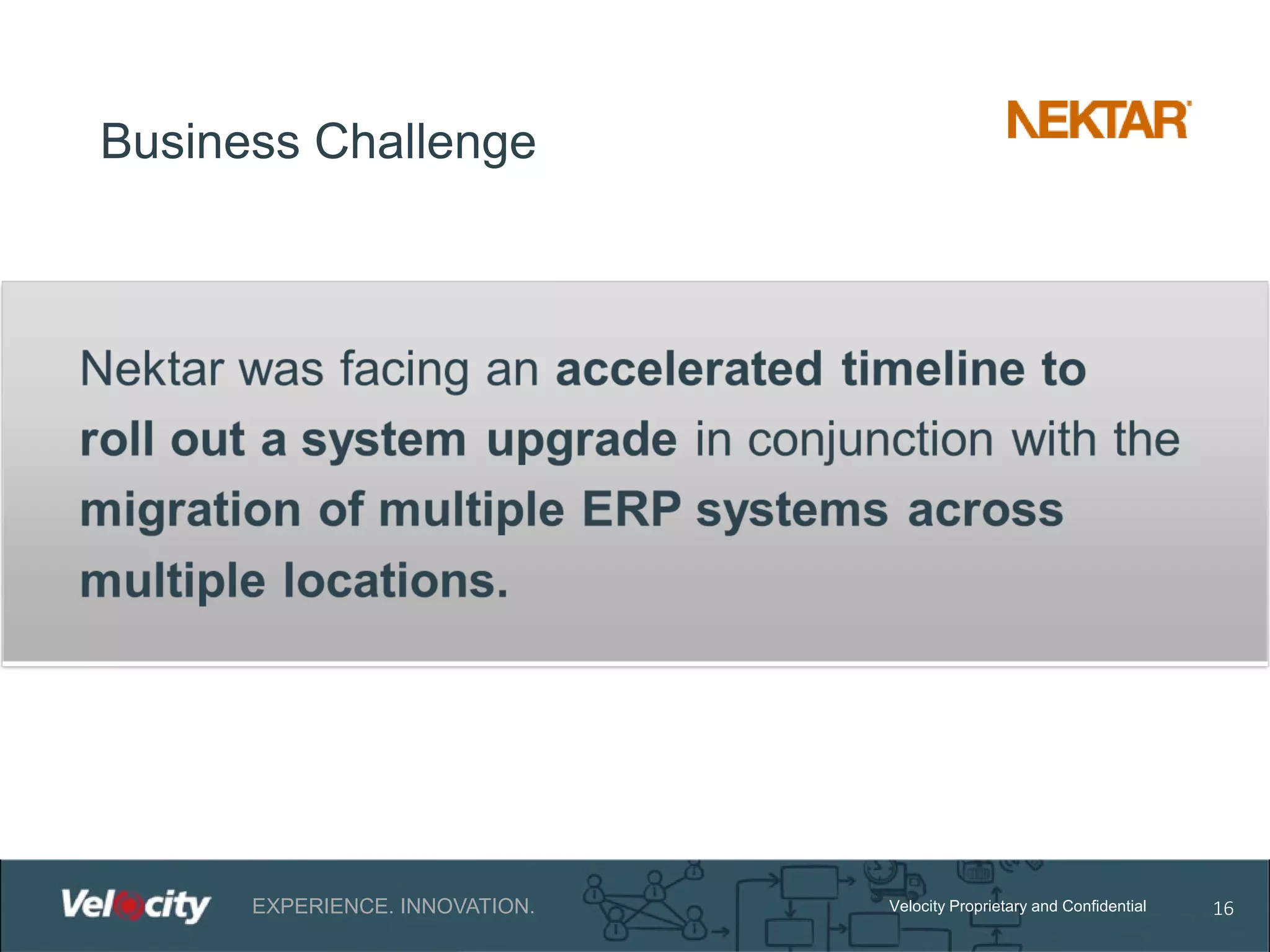 Business Challenge

EXPERIENCE. INNOVATION.

Velocity Proprietary and Confidential

16

 