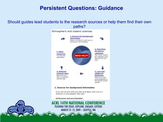 Persistent Questions: Guidance

Should guides lead students to the research sources or help them find their own
          ...
