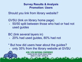 Survey Results & Analysis
               Promotion: Users

Should you link from library website?

GVSU (link on library ho...