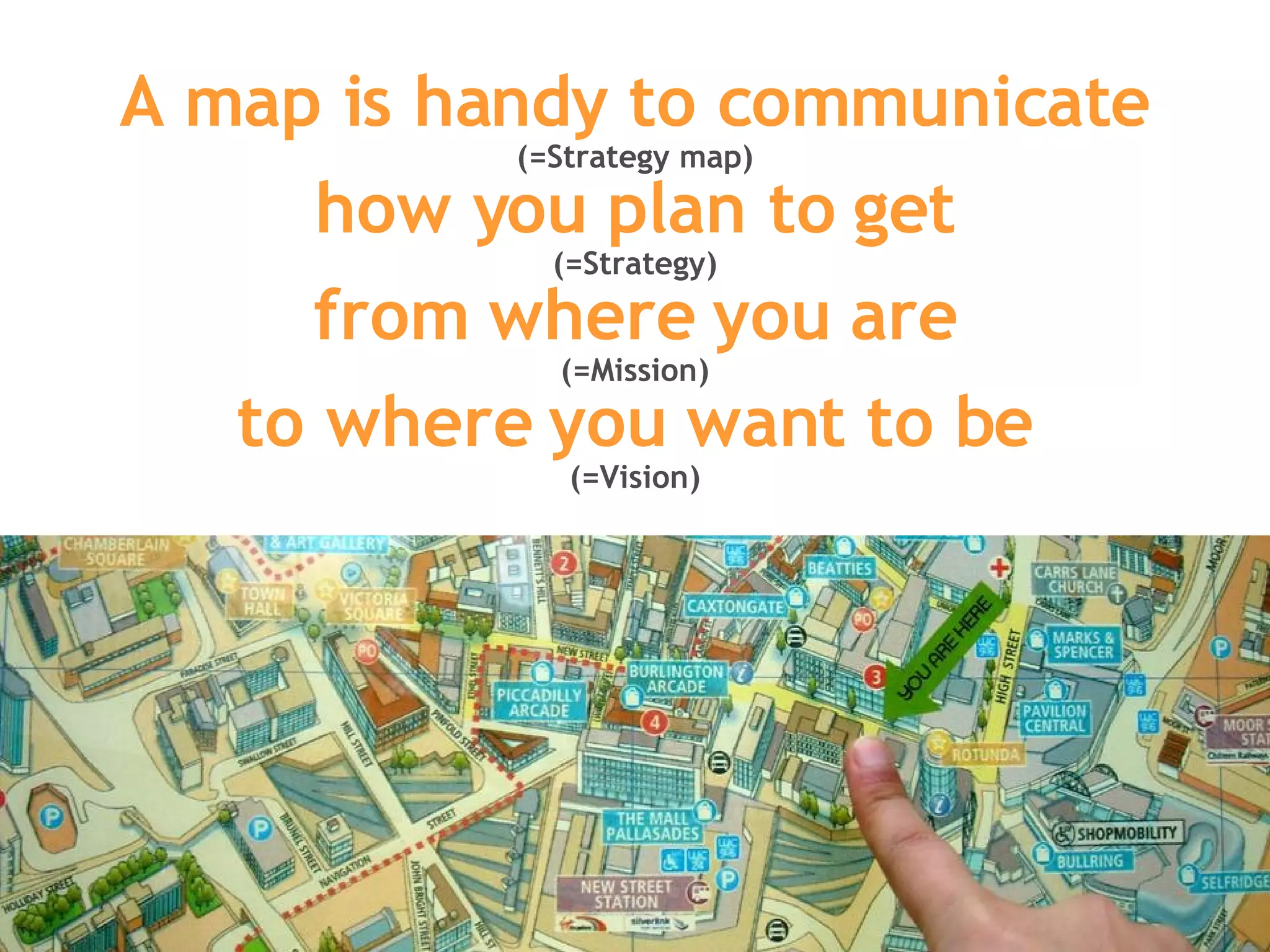 A map is handy to communicate (=Strategy map) how you plan to get (=Strategy) from where you are (=Mission) to where you want to be (=Vision) 