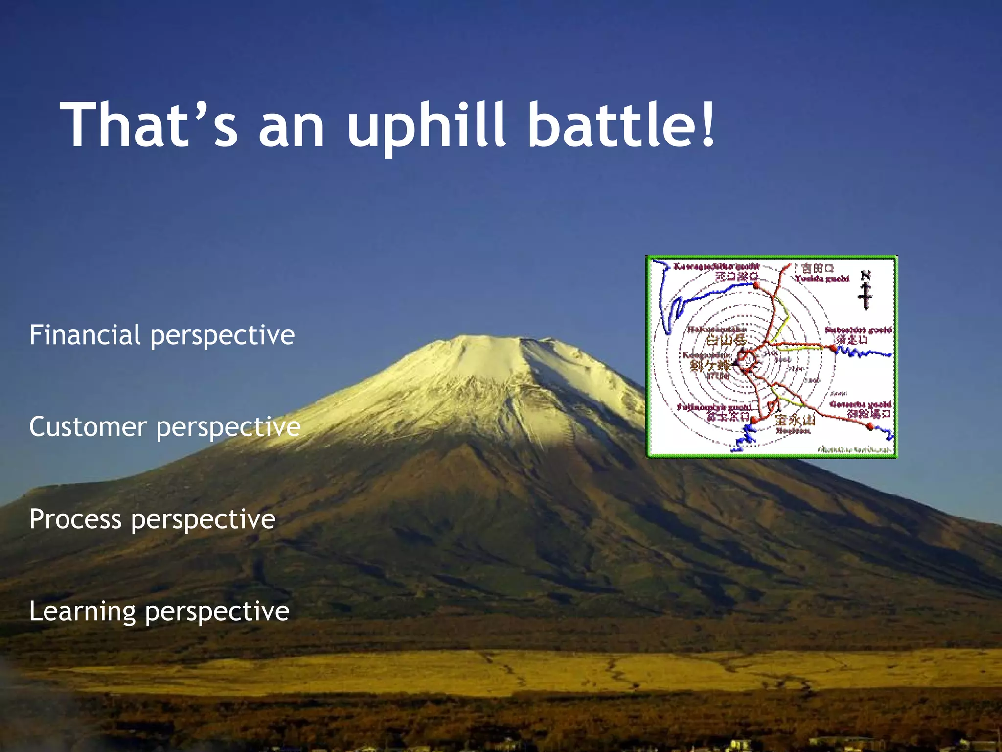 That’s an uphill battle! Financial perspective Customer perspective Process perspective Learning perspective 