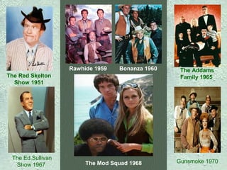 Rawhide 1959

Bonanza 1960

The Red Skelton
Show 1951

The Ed Sullivan
Show 1967

The Mod Squad 1968

The Addams
Family 1965

Gunsmoke 1970

 