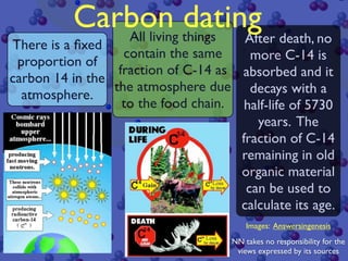 Carbon things After death, no
             All living
                        dating
There is a ﬁxed
                   contain the same     more C-14 is
 proportion of
                  fraction of C-14 as absorbed and it
carbon 14 in the
                 the atmosphere due decays with a
  atmosphere.
                   to the food chain. half-life of 5730
                                         years. The
                                      fraction of C-14
                                      remaining in old
                                      organic material
                                       can be used to
                                      calculate its age.
                                          Images: Answersingenesis
                                      NN takes no responsibility for the
                           11          views expressed by its sources
 