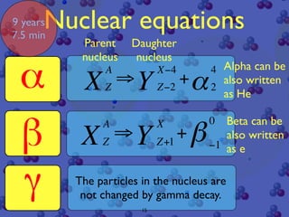 Nuclear equations
9 years
7.5 min
           Parent    Daughter
           nucleus    nucleus
                A            X−4      4 Alpha can be
            XZ ⇒ Y Z−2 + α 2              also written
                                          as He

               A             X        0  Beta can be
           XZ ⇒ Y Z+1 + β                also written
                                      −1 as e


          The particles in the nucleus are
           not changed by gamma decay.
                        15
 