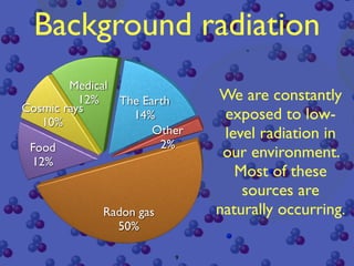 Background radiation
        Medical
          12%   The Earth     We are constantly
Cosmic rays
   10%
                  14%          exposed to low-
                      Other    level radiation in
 Food                  2%
                               our environment.
 12%
                                 Most of these
                                  sources are
             Radon gas        naturally occurring.
               50%

                         9
 