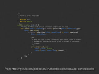 /**
           * Handles index requests.
           *
           * @return void
           * @access public
           */
          public function index() {
              // Only do this work if our concrete controller has not.
              if (!isset($this‐>viewVars[Inflector::pluralize($this‐>modelClass)])) {
                  $this‐>set(array(
                      Inflector::pluralize($this‐>modelClass) => $this‐>paginate(
                          $this‐>modelClass,

                          /**
                           * Here we toss in any conditions that were found as named
                           * parameters and which match up to a column in the model
                           * schema.
                           */
                          array_intersect_key(
                              $this‐>params['named'],
                              $this‐>{$this‐>modelClass}‐>schema()
                          )
                      )
                  ));
              }
          }




From https://github.com/joebeeson/crumbs/blob/develop/app_controller.php
 