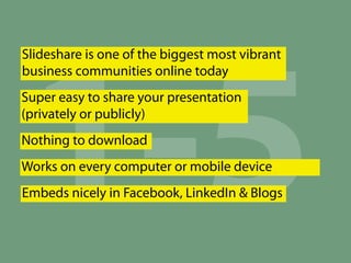 Slideshare is one of the biggest most vibrant




 1-5
business communities online today
Super easy to share your presenta...