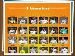 I Giocatori
Casillas Varane Ramos Coentrao Khedira Ronaldo
Kaka Benzema Ozil Granero Marcelo Adan
Carvalho Arbeloa Albiol Higuain Callejon Di Maria
Morata Jesus Xabi Sahin Pepe Lass
 