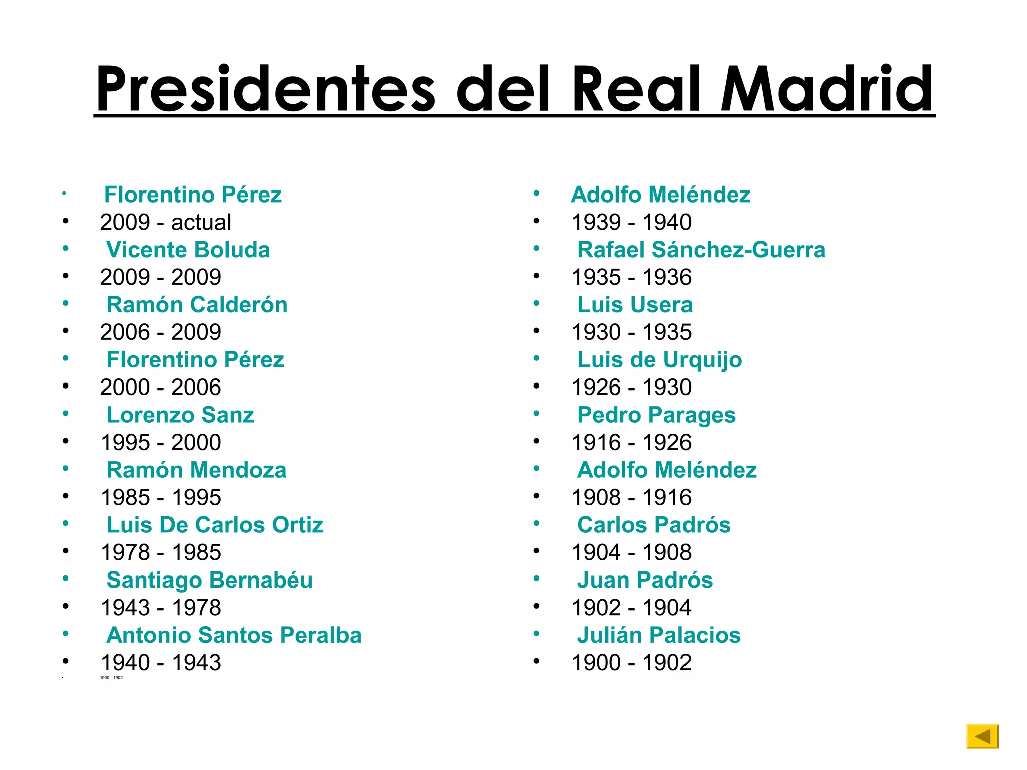 Presidentes del Real Madrid
•

•
•
•
•
•
•
•
•
•
•
•
•
•
•
•
•
•
•

Florentino Pérez
2009 - actual
Vicente Boluda
2009 - 2009
Ramón Calderón
2006 - 2009
Florentino Pérez
2000 - 2006
Lorenzo Sanz
1995 - 2000
Ramón Mendoza
1985 - 1995
Luis De Carlos Ortiz
1978 - 1985
Santiago Bernabéu
1943 - 1978
Antonio Santos Peralba
1940 - 1943
1900 - 1902

•
•
•
•
•
•
•
•
•
•
•
•
•
•
•
•
•
•

Adolfo Meléndez
1939 - 1940
Rafael Sánchez-Guerra
1935 - 1936
Luis Usera
1930 - 1935
Luis de Urquijo
1926 - 1930
Pedro Parages
1916 - 1926
Adolfo Meléndez
1908 - 1916
Carlos Padrós
1904 - 1908
Juan Padrós
1902 - 1904
Julián Palacios
1900 - 1902

 