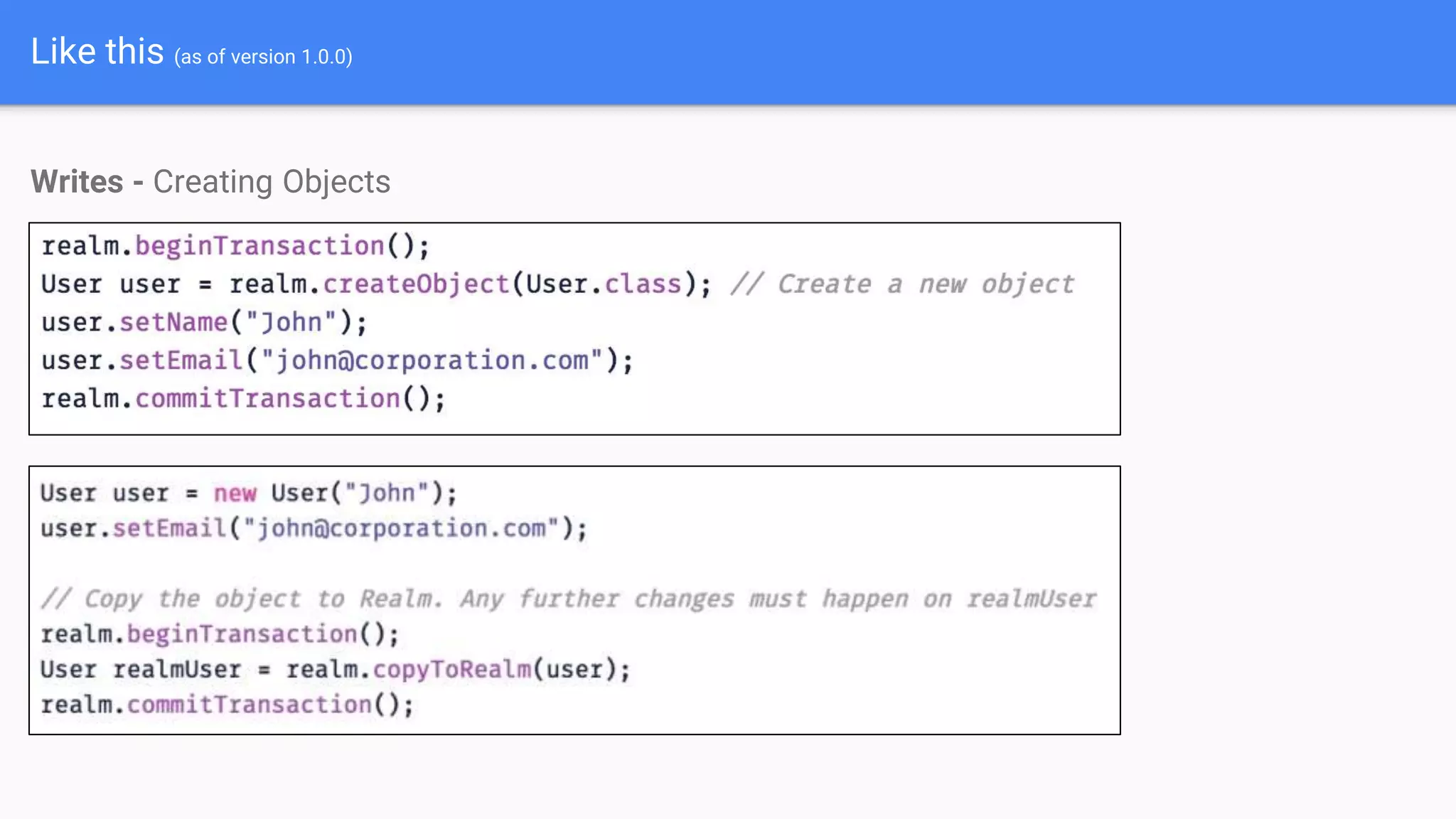 Like this (as of version 1.0.0)
Writes - Creating Objects
 