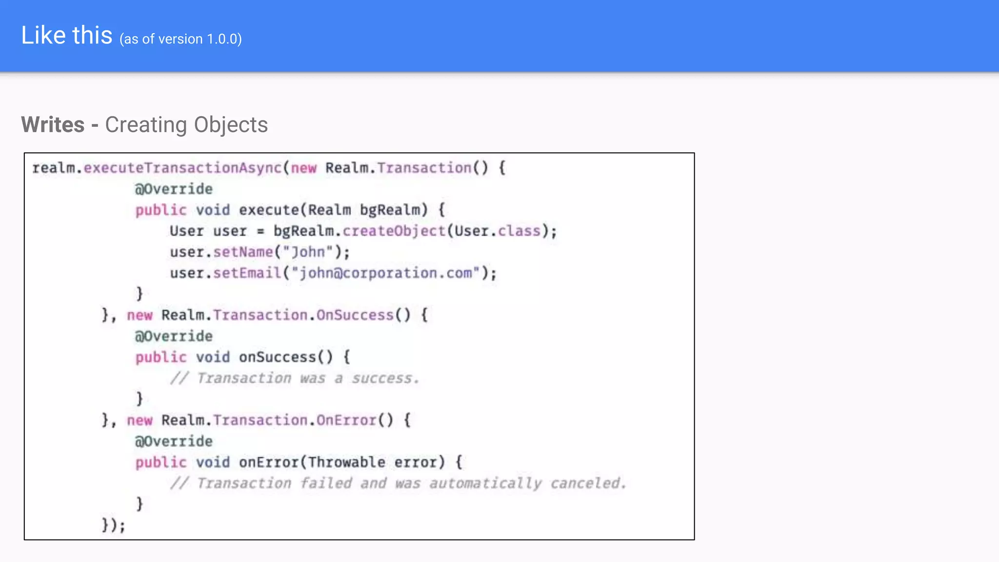 Like this (as of version 1.0.0)
Writes - Creating Objects
 