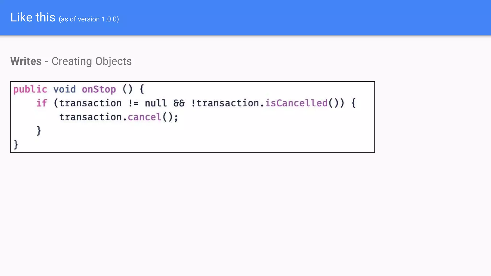 Like this (as of version 1.0.0)
Writes - Creating Objects
 