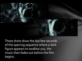 These shots show the last few seconds 
of the opening sequence where a dark 
figure appears to swallow you, the 
music then fades out before the film 
begins. 
 