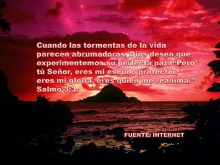 Cuando las tormentas de la vida parecen abrumadoras, Dios desea que experimentemos su perfecta paz. “Pero tú Señor, eres mi escudo protector, eres mi gloria, eres quien me reanima.” Salmo 3:3.FUENTE: INTERNET