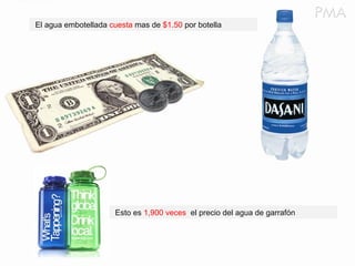 El agua embotellada  cuesta  mas de  $1.50  por botella Esto es  1,900 veces  el precio del agua de garrafón 