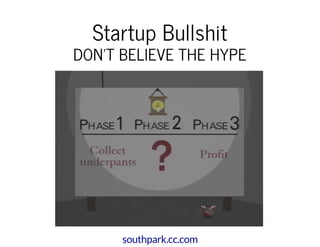 Startup BullshitStartup Bullshit
DON'T BELIEVE THE HYPEDON'T BELIEVE THE HYPE
southpark.cc.com
 