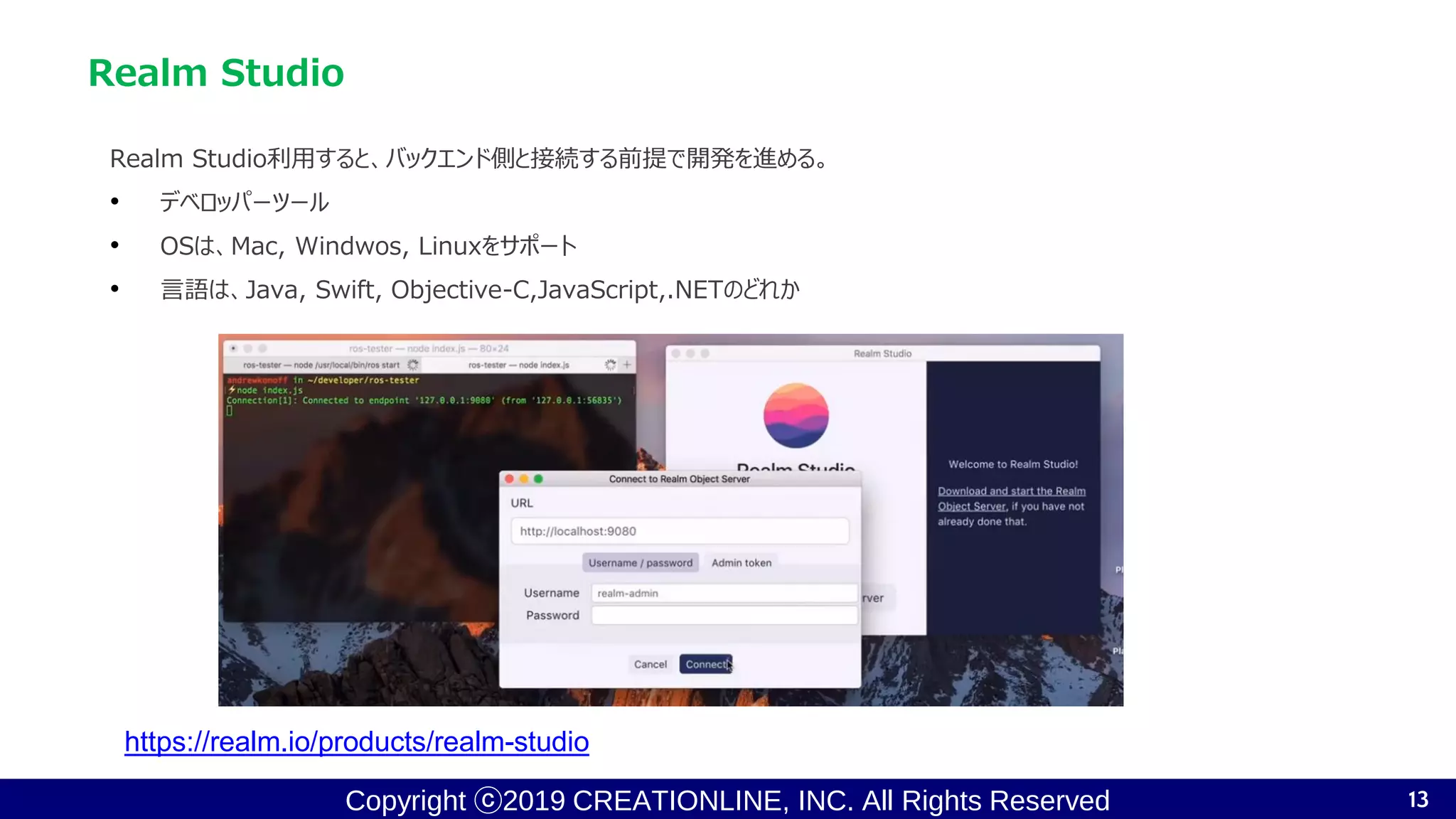Copyright ⓒ2019 CREATIONLINE, INC. All Rights Reserved
Realm Studio
Realm Studio利用すると、バックエンド側と接続する前提で開発を進める。
• デベロッパーツール
• OSは、Mac, Windwos, Linuxをサポート
• 言語は、Java, Swift, Objective-C,JavaScript,.NETのどれか
13
https://realm.io/products/realm-studio
 