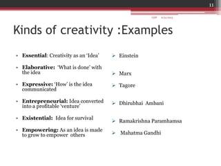 Kinds of creativity :Examples
• Essential: Creativity as an „Idea‟
• Elaborative: „What is done‟ with
the idea
• Expressive: „How‟ is the idea
communicated
• Entrepreneurial: Idea converted
into a profitable „venture‟
• Existential: Idea for survival
• Empowering: As an idea is made
to grow to empower others
 Einstein
 Marx
 Tagore
 Dhirubhai Ambani
 Ramakrishna Paramhamsa
 Mahatma Gandhi
6/21/2013
11
GDP
 