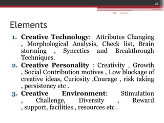 Elements
1. Creative Technology: Attributes Changing
, Morphological Analysis, Check list, Brain
storming , Synectics and Breakthrough
Techniques.
2. Creative Personality : Creativity , Growth
, Social Contribution motives , Low blockage of
creative ideas, Curiosity ,Courage , risk taking
, persistency etc .
3. Creative Environment: Stimulation
, Challenge, Diversity , Reward
, support, facilities , resources etc .
6/21/2013
21
GDP
 