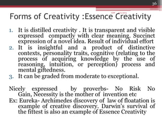 Forms of Creativity :Essence Creativity
1. It is distilled creativity . It is transparent and visible
expressed compactly with clear meaning. Succinct
expression of a novel idea. Result of individual effort
2. It is insightful and a product of distinctive
contexts, personality traits, cognitive (relating to the
process of acquiring knowledge by the use of
reasoning, intuition, or perception) process and
mental giftedness.
3. It can be graded from moderate to exceptional.
Nicely expressed by proverbs- No Risk No
Gain, Necessity is the mother of invention etc
Ex: Eureka- Archimedes discovery of law of floatation is
example of creative discovery. Darwin‟s survival of
the fittest is also an example of Essence Creativity
6/21/2013
36
GDP
 