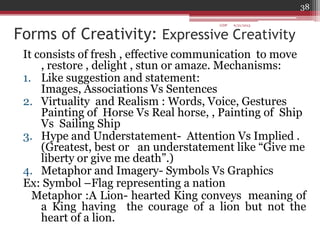Forms of Creativity: Expressive Creativity
It consists of fresh , effective communication to move
, restore , delight , stun or amaze. Mechanisms:
1. Like suggestion and statement:
Images, Associations Vs Sentences
2. Virtuality and Realism : Words, Voice, Gestures
Painting of Horse Vs Real horse, , Painting of Ship
Vs Sailing Ship
3. Hype and Understatement- Attention Vs Implied .
(Greatest, best or an understatement like “Give me
liberty or give me death”.)
4. Metaphor and Imagery- Symbols Vs Graphics
Ex: Symbol –Flag representing a nation
Metaphor :A Lion- hearted King conveys meaning of
a King having the courage of a lion but not the
heart of a lion.
6/21/2013
38
GDP
 