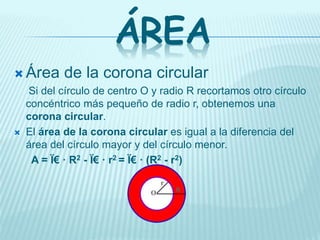  Área de la corona circular
Si del círculo de centro O y radio R recortamos otro círculo
concéntrico más pequeño de radio r, obtenemos una
corona circular.
 El área de la corona circular es igual a la diferencia del
área del círculo mayor y del círculo menor.
A = Ï€ · R2 - Ï€ · r2 = Ï€ · (R2 - r2)
ÁREA
 