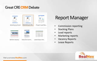 ReportManager
• Commission reporting
• Stacking Plans
• Lead reports
• Marketing reports
• Vacancy Reports
• Lease Reports
 