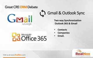 Gmail&Outlook Sync
Two way Synchronization
Outlook 365 & Gmail
• Contacts
• Companies
• Email.
 
