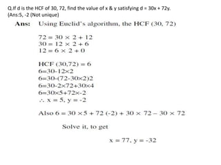 Q.If d is the HCF of 30, 72, find the value of x & y satisfying d = 30x + 72y.
(Ans:5, -2 (Not unique)
 