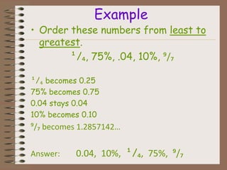 Example

• Order these numbers from least to
greatest.
¹/₄, 75%, .04, 10%, ⁹/₇
¹/₄ becomes 0.25
75% becomes 0.75
0.04 stay...