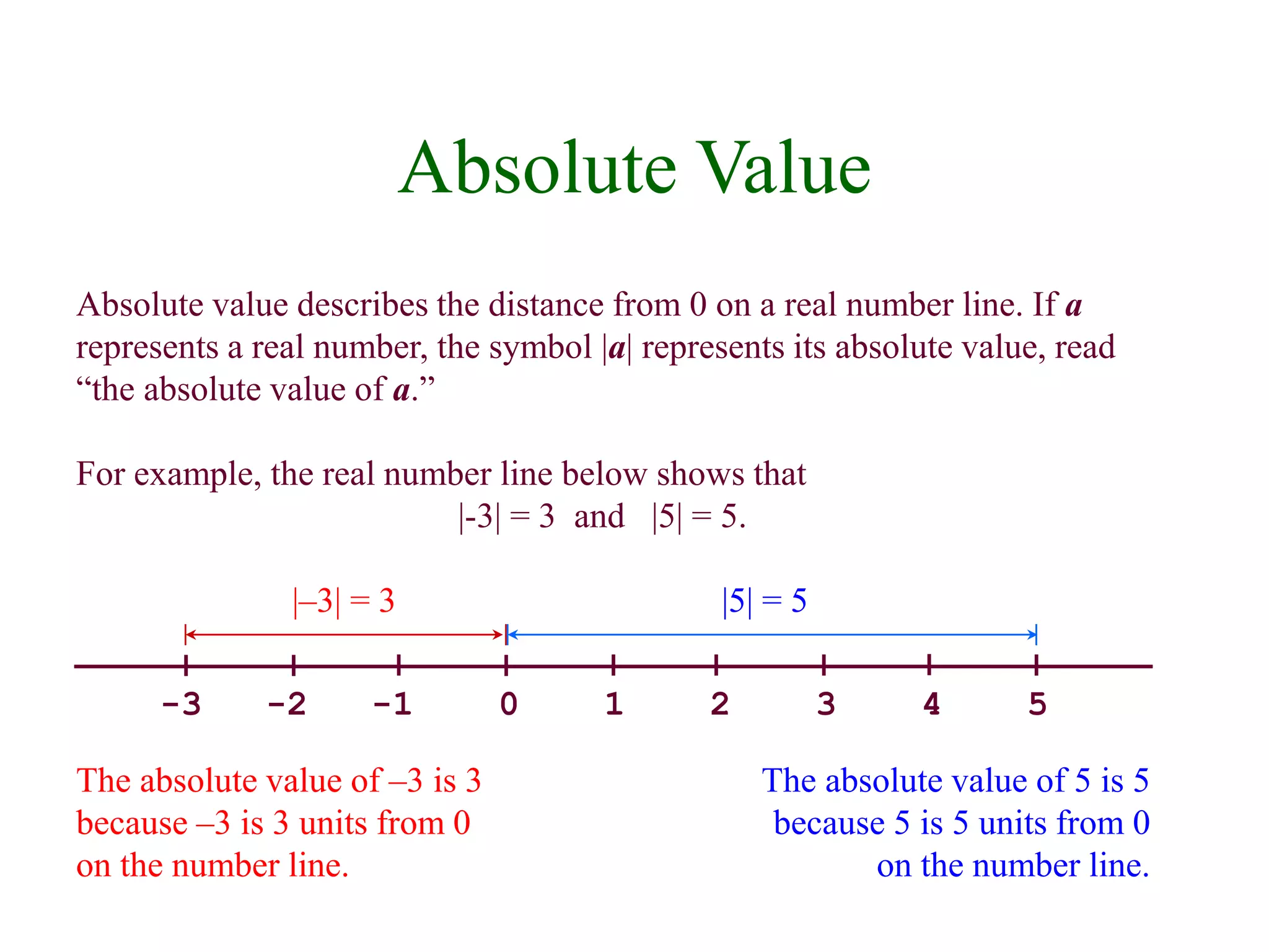 Absolute Value 
Absolute value describes the distance from 0 on a real number line. If a 
represents a real number, the symbol |a| represents its absolute value, read 
“the absolute value of a.” 
For example, the real number line below shows that 
|-3| = 3 and |5| = 5. 
|–3| = 3 
-3 -2 -1 0 1 2 3 4 5 
The absolute value of –3 is 3 
because –3 is 3 units from 0 
on the number line. 
The absolute value of 5 is 5 
because 5 is 5 units from 0 
on the number line. 
|5| = 5 
 