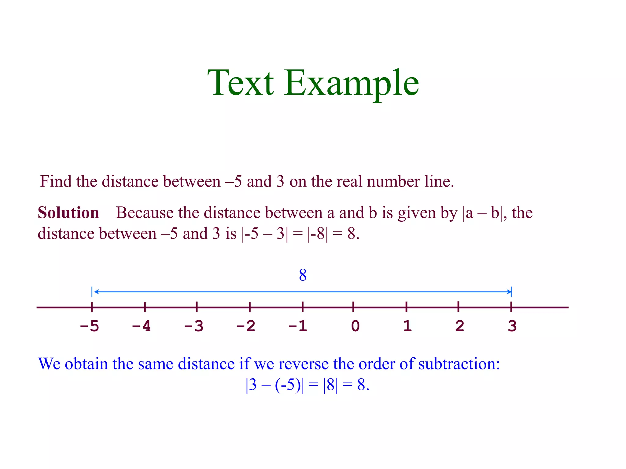 Text Example 
Find the distance between –5 and 3 on the real number line. 
Solution Because the distance between a and b is given by |a – b|, the 
distance between –5 and 3 is |-5 – 3| = |-8| = 8. 
8 
-5 -4 -3 -2 -1 0 1 2 3 
We obtain the same distance if we reverse the order of subtraction: 
|3 – (-5)| = |8| = 8. 
 