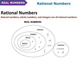REAL NUMBERS Rational Numbers 
Rational Numbers 
Natural numbers, whole numbers, and integers are all rational numbers. 
 